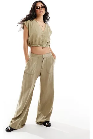 Pull&Bear Wide leg linen pants with raw hem in light khaki - part of a set