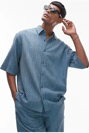 Topman Short sleeve boxy embroidered stitch detail shirt in blue - part of a set