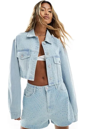 KYÒ The Brand denim cropped diamante jacket in light wash - part of a set