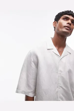 Topman Short sleeve relaxed linen blend geo shirt in green