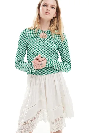 Neon Rose Slinky gingham long sleeve keyhole top in