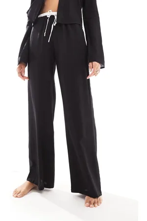 Kaiia Linen look contrast trim wide leg drawstring beach pants in - part of a set
