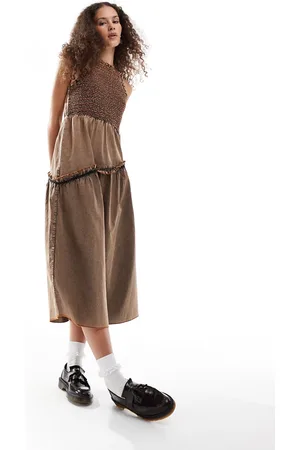 COLLUSION Shirred racer neck midi dress with contrast detail in washed brown
