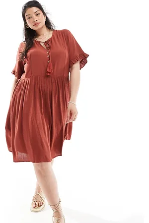 Yours Tie front midi dress in terracotta