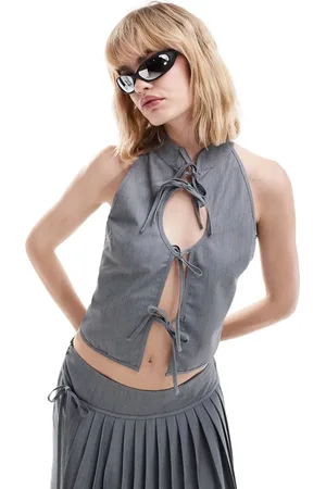 COLLUSION High neck tie front top with keyhole and contrast ties - part of a set