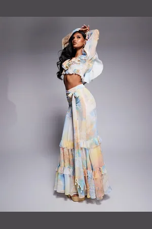ASOS Ruffle organza maxi skirt with shell trims in postcard print - part of a set