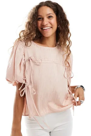 Ghospell Ruched drawstring top in beige