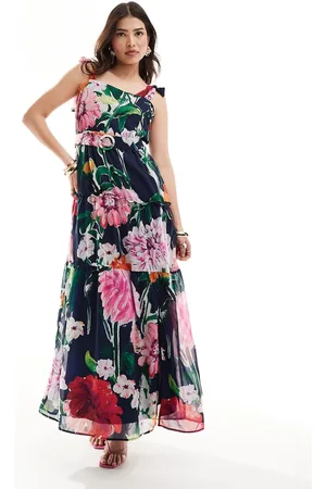 HOPE & IVY Tie shoulder maxi dress in dark base floral
