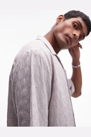 Topman Short sleeve textured grid shirt in light gray