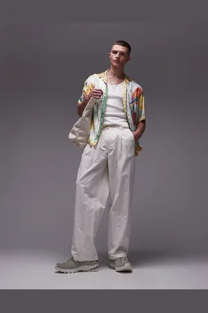 Topman Premium wide leg paper bag pants in ecru
