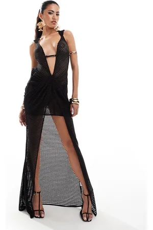 Murci Honeycomb knit deep plunge front split maxi dress in