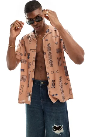 Only & Sons Revere collar fit shirt with doodle print in washed