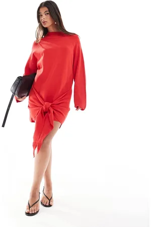 SNDYS Premium knit knot front drape detail mini sweater dress in