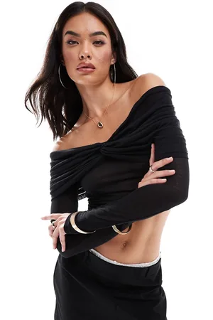 SNDYS Mesh bardot twist overlay detail top in