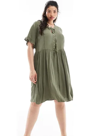Yours Tie front midi dress in khaki