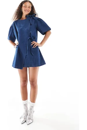 Ghospell Bow detail textured mini dress in dark wash denim