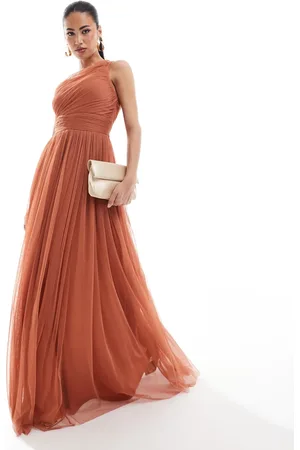 Lace & Beads Bridesmaid one shoulder tulle maxi dress in terracotta rose