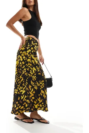 ASOS Satin bias cut midi skirt in yellow and black splotch print