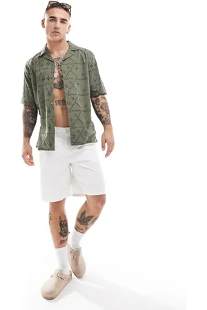 Only & Sons Camp collar shirt with pointelle in faded olive