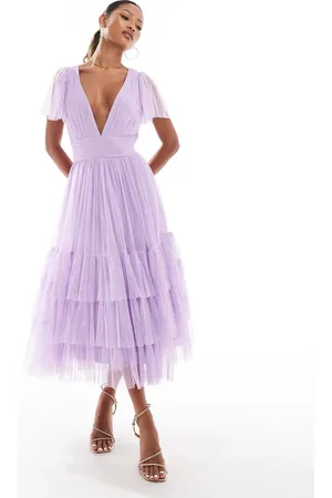 Lace & Beads Bridesmaid Madison v neck tulle midi dress in lavender lilac