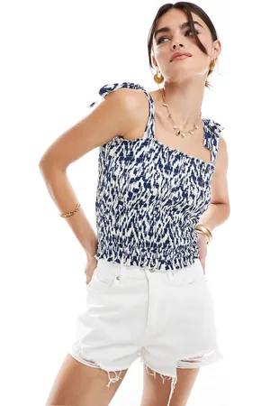 JDY Shirred smock top with tie straps in & blue