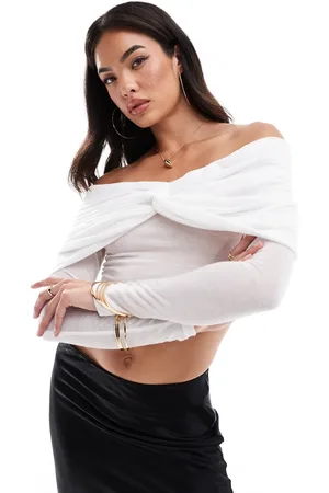 SNDYS Mesh bardot twist overlay detail top in