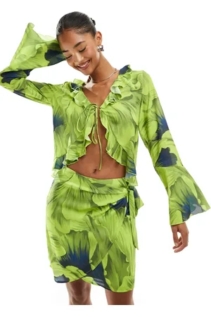 Y.A.S Frill detail tie front blouse in lime print - part of a set