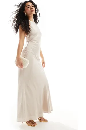 TFNC Bridesmaids satin maxi dress with tie back and button detail in champagne
