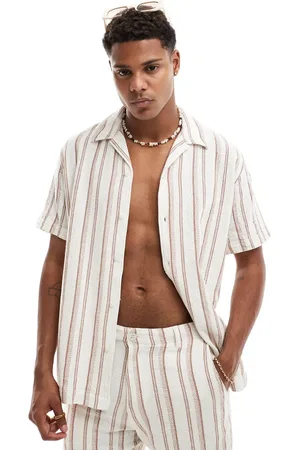SELECTED Oversized revere collar textured shirt in off stripe - part of a set