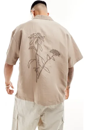 JACK & JONES Boxy fit revere collar with back flower embroidery in beige