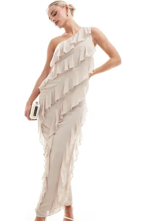 TFNC TFNC Bridesmaids Petite chiffon one shoulder maxi dress with frills in ecru
