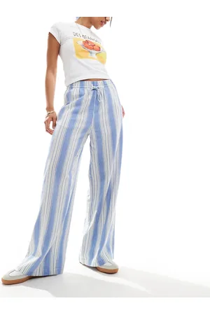 ONLY Wide leg linen pants in blue & stripe