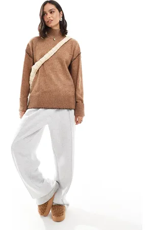 ASOS Knitted high neck sweater with turn back cuffs with contrast stitch in camel