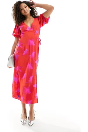 French Connection Christy wrapover puff sleeve midi dress in red and lilac blur