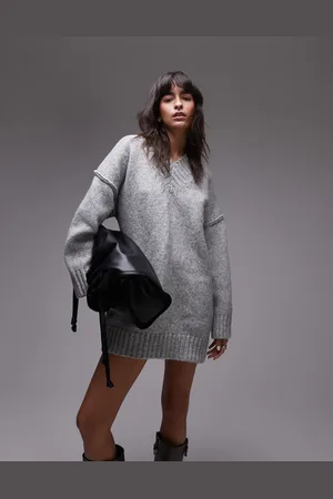 Topshop Knit high v-neck mini oversized dress in melange