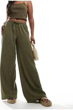 Pull&Bear Textured wide leg pants in khaki