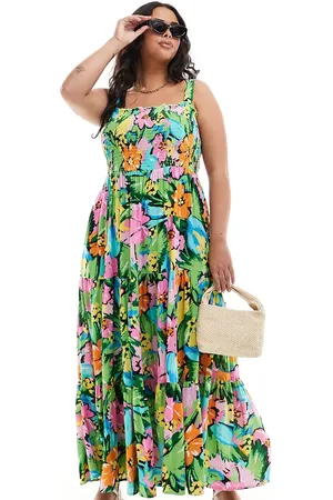 Yours Shirred strappy maxi dress in tropical print