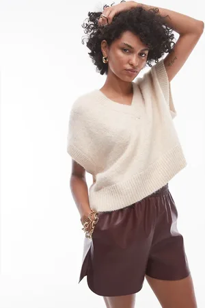 Topshop Knit v-neck seam front off shoulder relaxed vest in oat