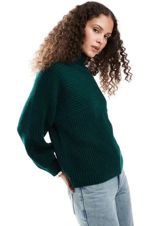 Monki Libby high neck knitted rib sweater in forest