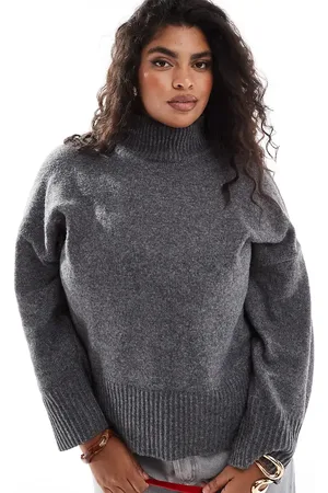 ASOS ASOS DESIGN Curve knitted high neck sweater with turn back cuffs in charcoal
