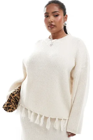 4th & Reckless Wool mix tassel edge wide sleeve sweater in cream - part of a set