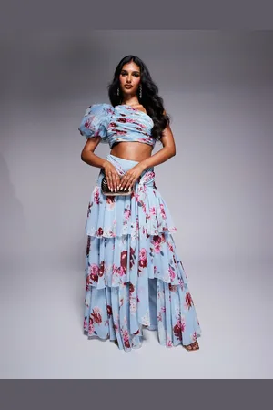 ASOS Tiered ruffle organza maxi skirt in blue floral print - part of a set