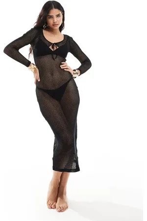 Iisla & Bird Long sleeve tie front knit maxi beach dress in black