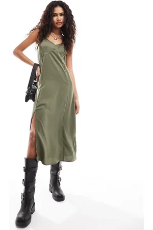 French Connection Satin midi slip dress in khaki