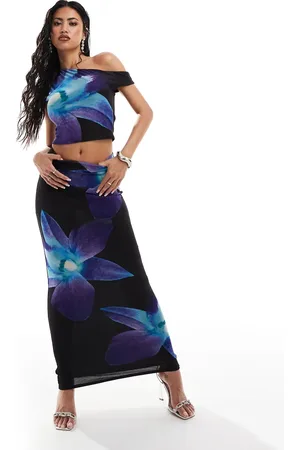 Kaiia Mesh column maxi skirt in black and blue flower print - part of a set
