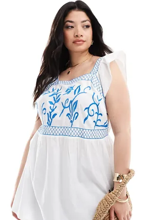 Yours Embroidery peplum top in blue and white