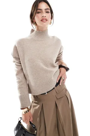 ASOS Cropped turtleneck sweater in lambswool blend in taupe