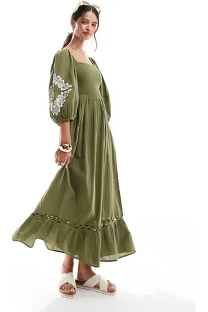 Accessorize Ruched puff sleeve maxi beach dress in olive