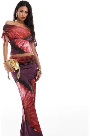 Kaiia Exclusive slinky ruched column maxi skirt in red and purple flower print - part of a set