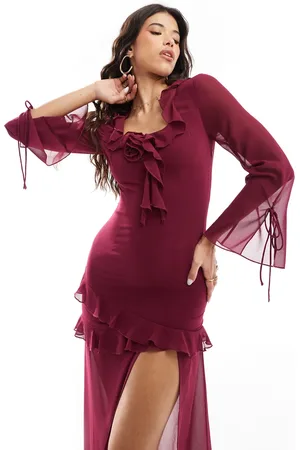 Love Triangle Chiffon maxi dress with corsage detail in deep plum